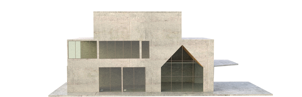 Long architectural model elevation of the house with a pitched void in the facade